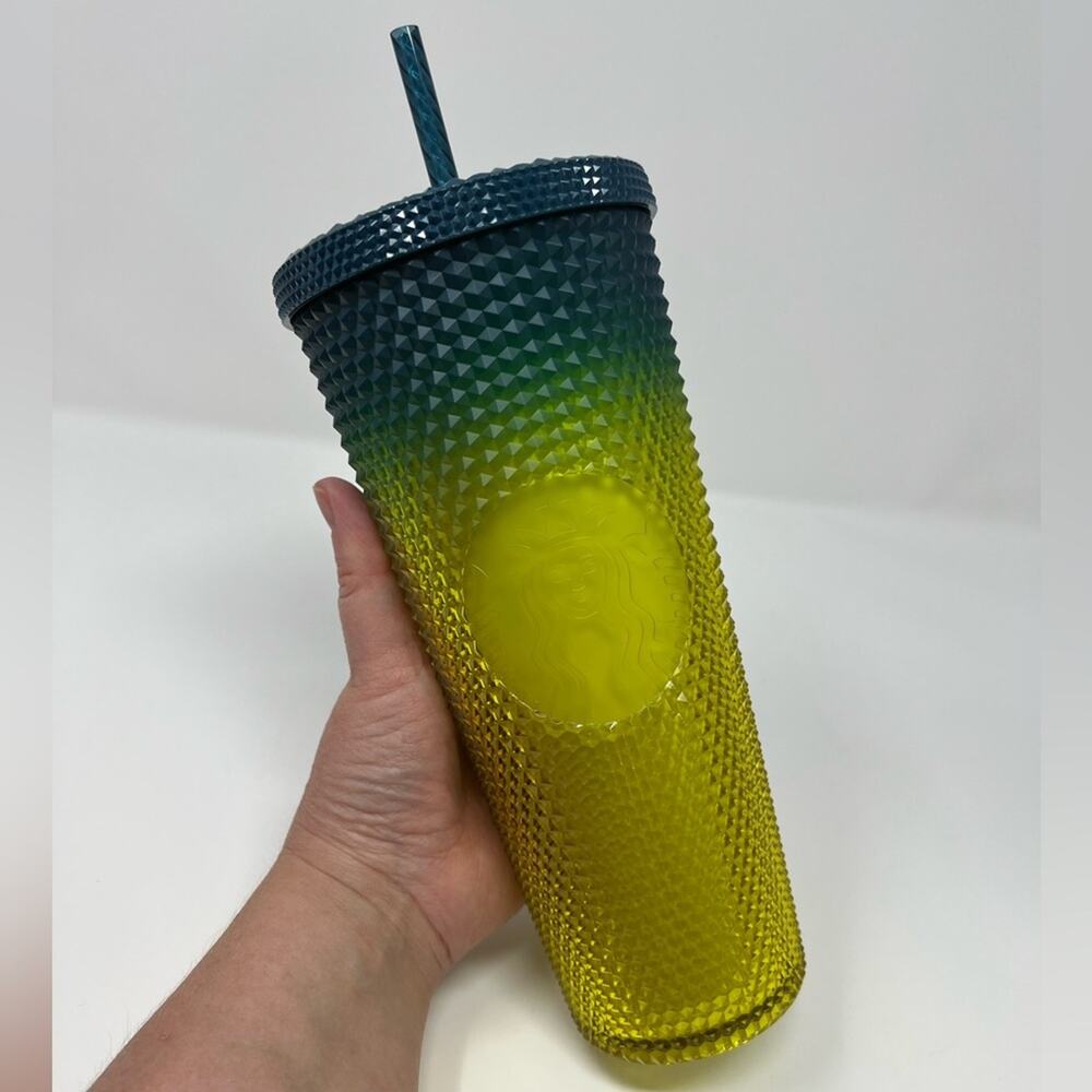 New Starbucks Fall 2023 Neon Lemon Blue Gradient Studded Bling Venti Tumbler